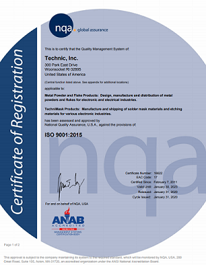 Technic Engineered Powders ISO 9001:2015 Certification
